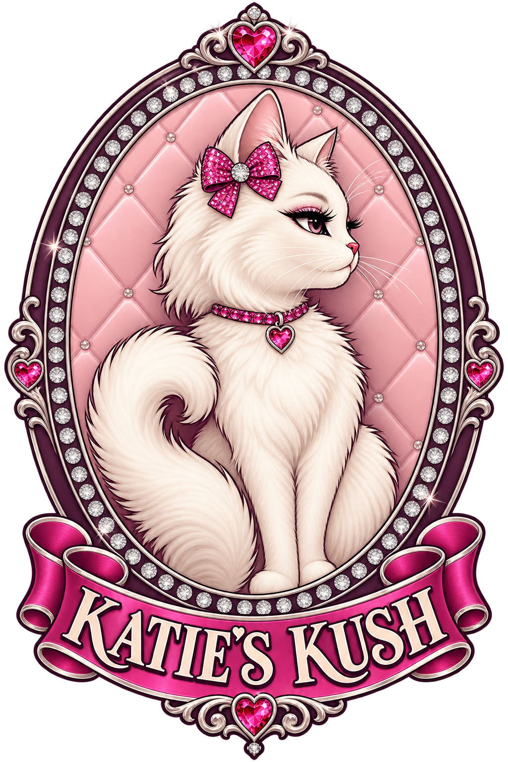 Katie’s Kush cat mascot wearing a rhinestone bow